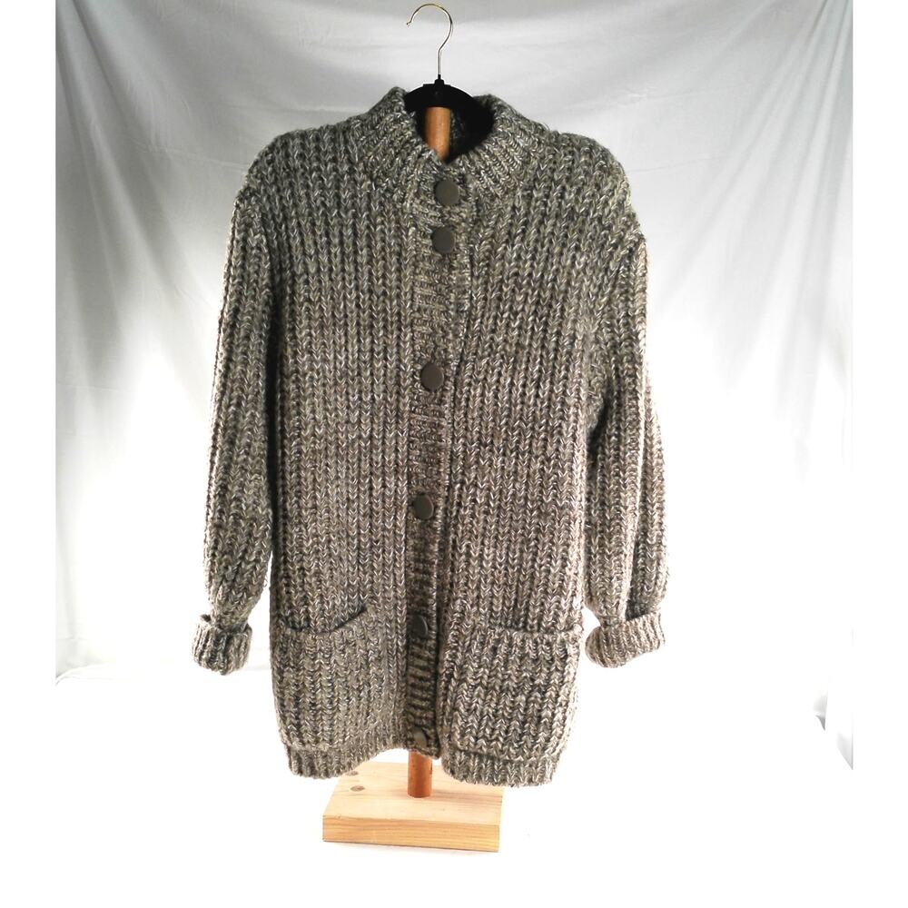 Vintage Bramble Lane Chunky Knit Cardigan Sweater Women's M Puff Sleeve Taupe